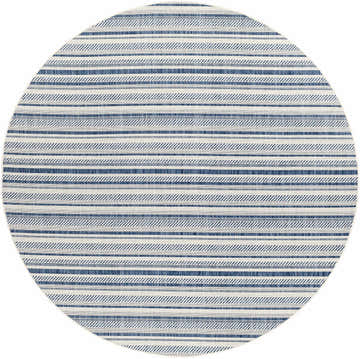 Close-up of round Olin White&Blue Striped Nordic Rug. Coastal style with blue and white stripes. Design-Round-710
