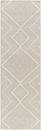 Close-up of Olur Area Carpet. Cream and medium gray 100% wool rug with a hand woven bohemian diamond pattern. Design-Runner-268