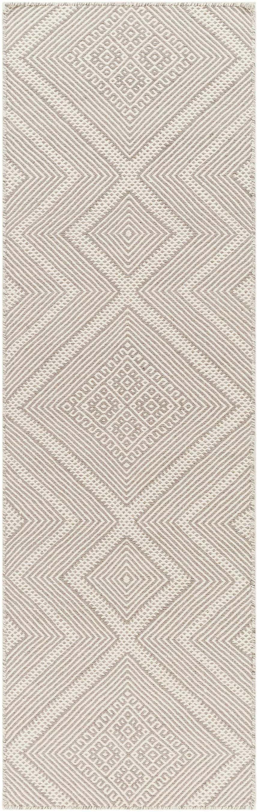 Close-up of Olur Area Carpet. Cream and medium gray 100% wool rug with a hand woven bohemian diamond pattern. Design-Runner-268