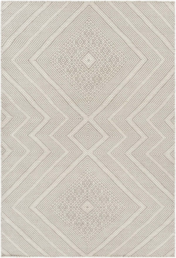 Close-up of the Olur Area Carpet. Cream and medium gray 100% wool rug with a geometric diamond pattern. Hand woven texture. Design-Rectangle-576