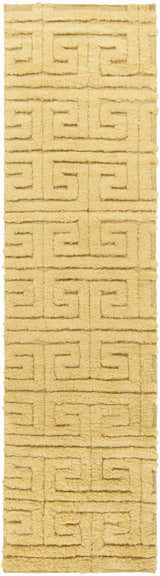 Close-up of the Omagh Area Rug. Mustard color, hand woven wool with a geometric Greek key design. Shag texture. Design-Runner-268