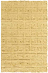 Mustard Omagh Area Rug. Hand-woven wool shag rug with a geometric Greek key pattern. Farmhouse, transitional style. Design-Rectangle-58