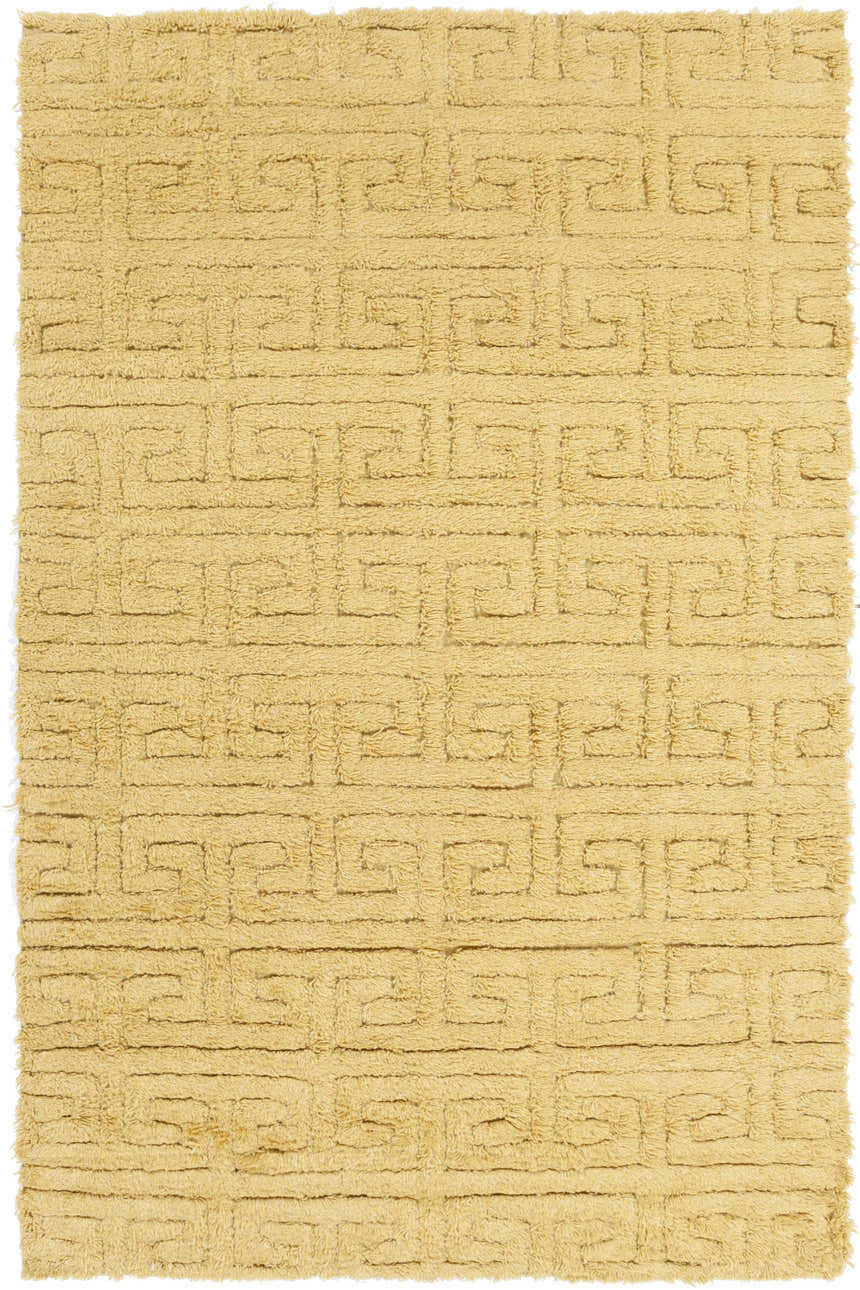 Mustard Omagh Area Rug. Hand-woven wool shag rug with a geometric Greek key pattern. Farmhouse, transitional style. Design-Rectangle-58