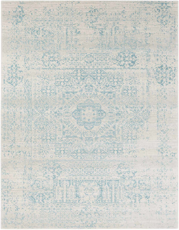 Close-up of the Omega Area Rug. Light beige rug with a distressed teal, traditional, oriental pattern. Design-Rectangle-710103