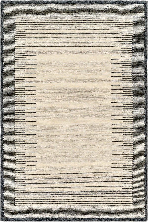 Close-up of the hand-tufted Omeo Wool Area Rug. Bone center, dark gray border, and horizontal stripes. Design-Rectangle-576