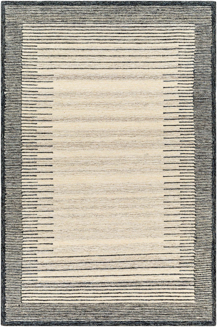 Close-up of the hand-tufted Omeo Wool Area Rug. Bone center, dark gray border, and horizontal stripes. Design-Rectangle-576