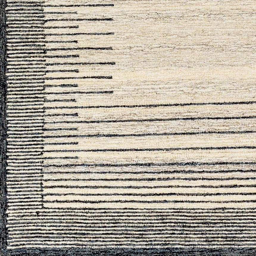 Close-up of the Omeo Wool Area Rug showing bone and dark gray horizontal stripes and hand-tufted texture. Swatch