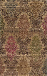 Close-up of the hand-knotted Onaka Area Carpet. Traditional damask pattern in brown, dark red, and olive tones. 100% wool texture. Design-Rectangle-58