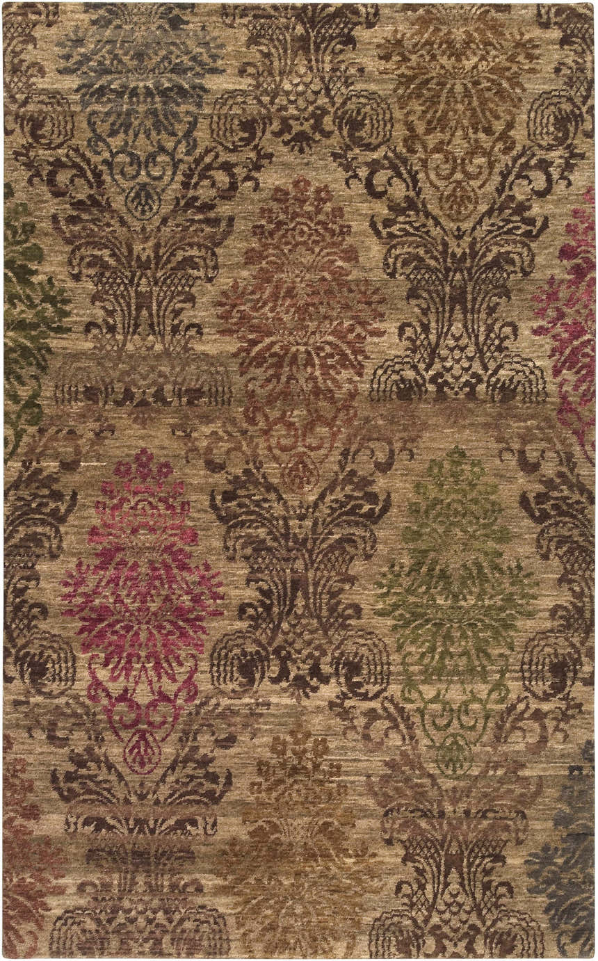 Close-up of the hand-knotted Onaka Area Carpet. Traditional damask pattern in brown, dark red, and olive tones. 100% wool texture. Design-Rectangle-58