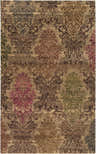 Close-up of the hand-knotted Onaka Area Carpet. Traditional damask pattern in brown, dark red, and olive tones. 100% wool texture. Design-Rectangle-58