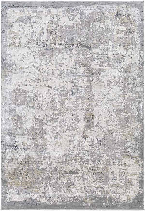 Close-up of the Ooralea Area Rug. Contemporary style with charcoal, beige, gray, and blue distressed pattern. Design-Rectangle-573