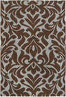 Close-up of the hand woven Oppelo Area Rug. Dark brown floral damask pattern on a sage background. 100% wool texture. Design-Rectangle-58