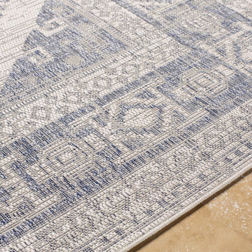 Close-up of the machine woven Umraniye Gray Area Rug. Features a blue and off white oriental pattern and textured weave. Texture