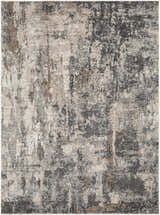 Close-up of the Opunake Luxe Thick Area Rug. Abstract design with black, brown, charcoal, cream, gray, and tan colors. Design-Rectangle-537