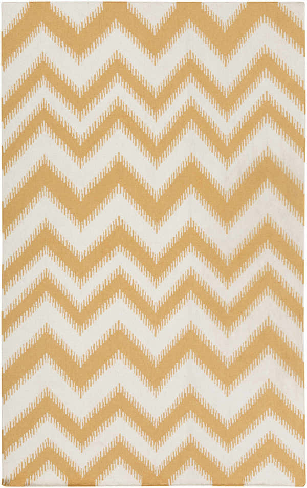 Close-up of Oran Area Rug. Light beige wool rug with a mustard yellow chevron pattern. Hand woven texture. Design-Rectangle-58