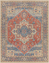 Detailed Oracabessa Premium Area Rug showing a traditional Persian design in blue, brick red, coral, and tan hues. Hand-knotted wool rug. Design-Rectangle-810