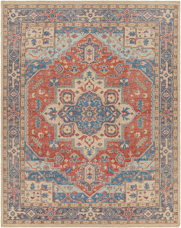 Detailed Oracabessa Premium Area Rug showing a traditional Persian design in blue, brick red, coral, and tan hues. Hand-knotted wool rug. Design-Rectangle-810
