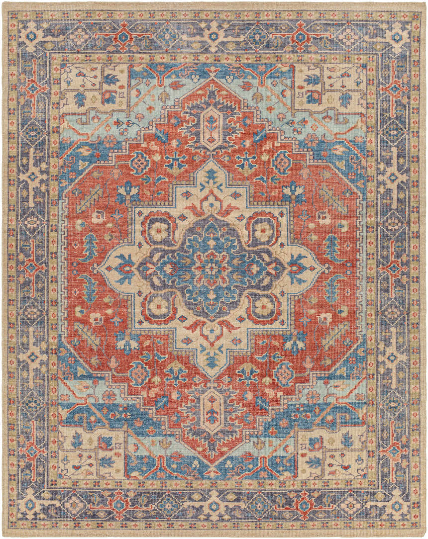 Detailed Oracabessa Premium Area Rug showing a traditional Persian design in blue, brick red, coral, and tan hues. Hand-knotted wool rug. Design-Rectangle-810