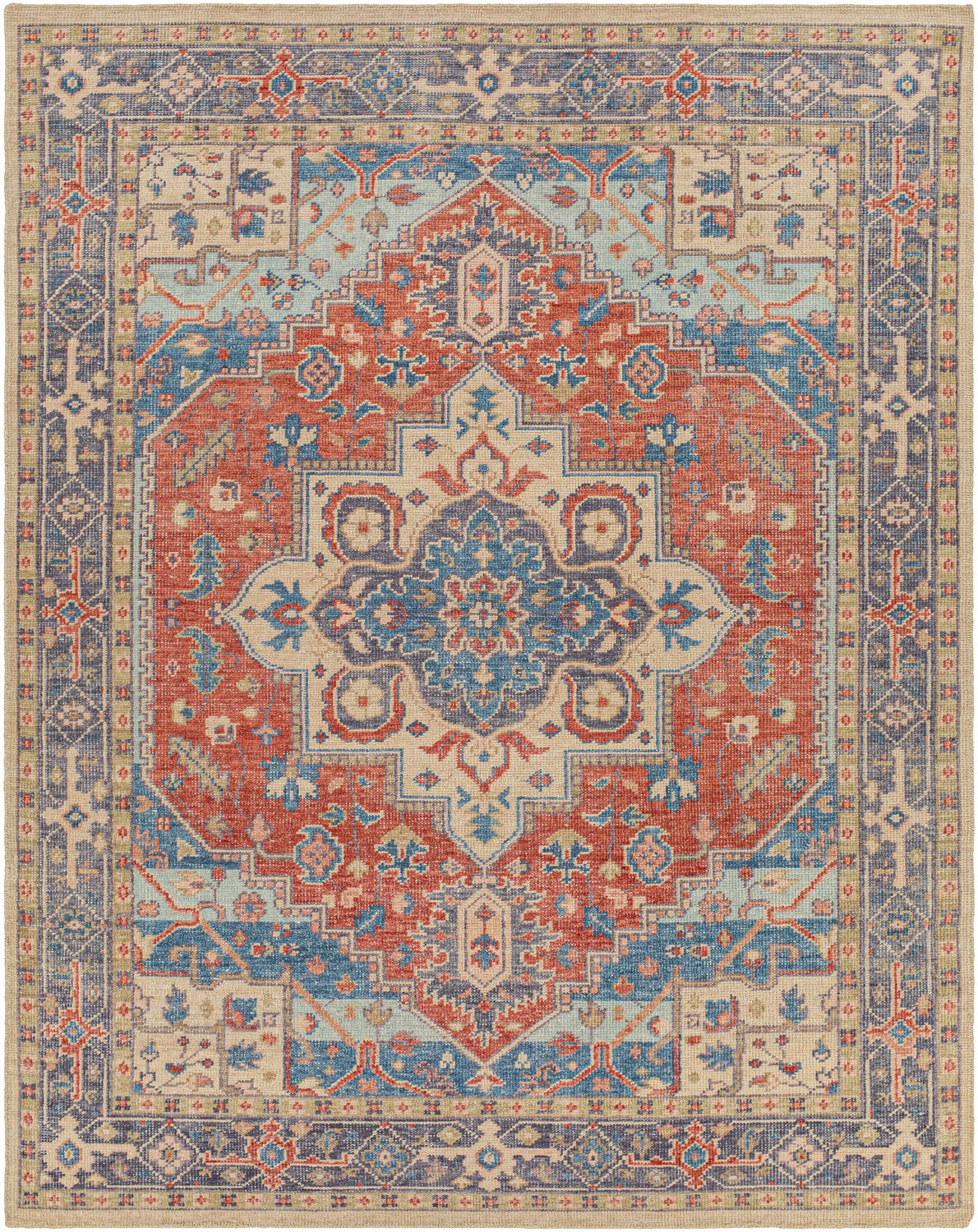 Detailed Oracabessa Premium Area Rug showing a traditional Persian design in blue, brick red, coral, and tan hues. Hand-knotted wool rug. Design-Rectangle-810
