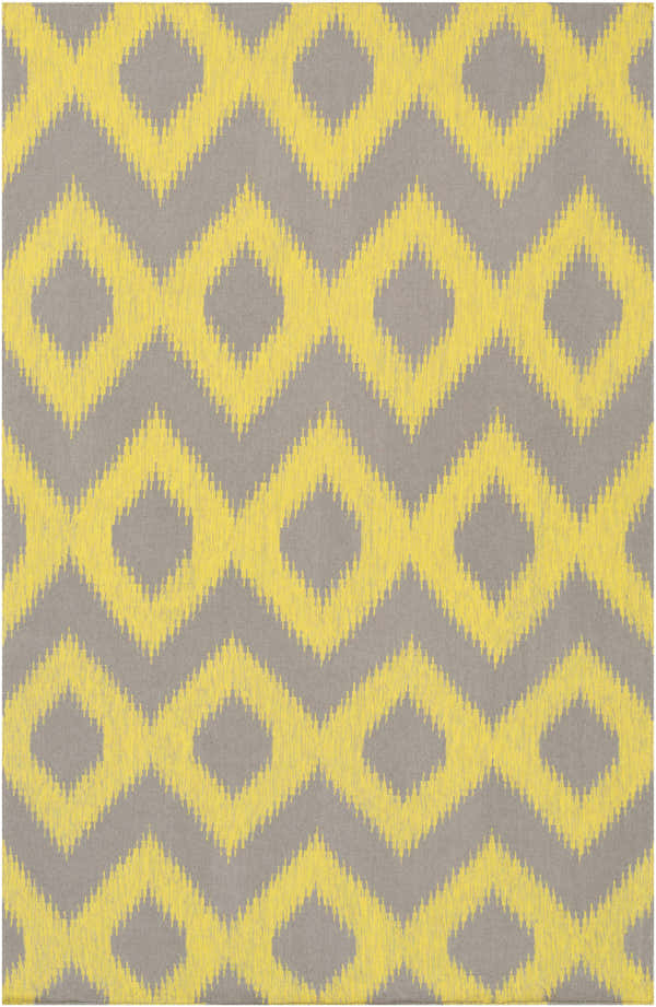 Close-up of the Oradell Yellow Ikat Wool Rug. Features a yellow geometric pattern on a gray background. Hand woven texture. Design-Rectangle-58