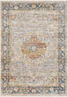Close-up of the Orchards Area Rug, a machine-woven rug with a traditional oriental pattern in brick red, blue, orange, and gray. Design-Rectangle-58