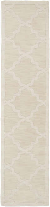 Close-up of the Orick Hand Loomed Wool Area Rug, beige color, with a geometric trellis pattern and textured wool. Design-Runner-38