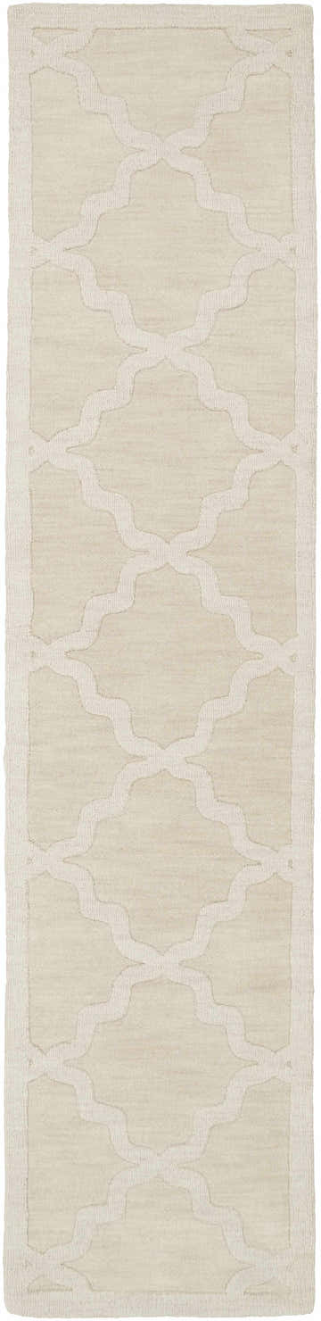 Close-up of the Orick Hand Loomed Wool Area Rug, beige color, with a geometric trellis pattern and textured wool. Design-Runner-38