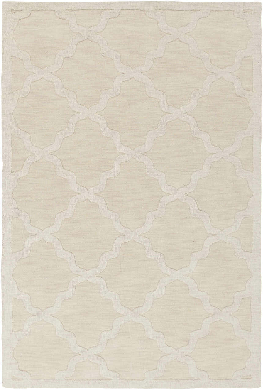Beige Orick Hand Loomed Wool Area Rug with a subtle geometric trellis pattern and soft, textured wool. Design-Rectangle-576