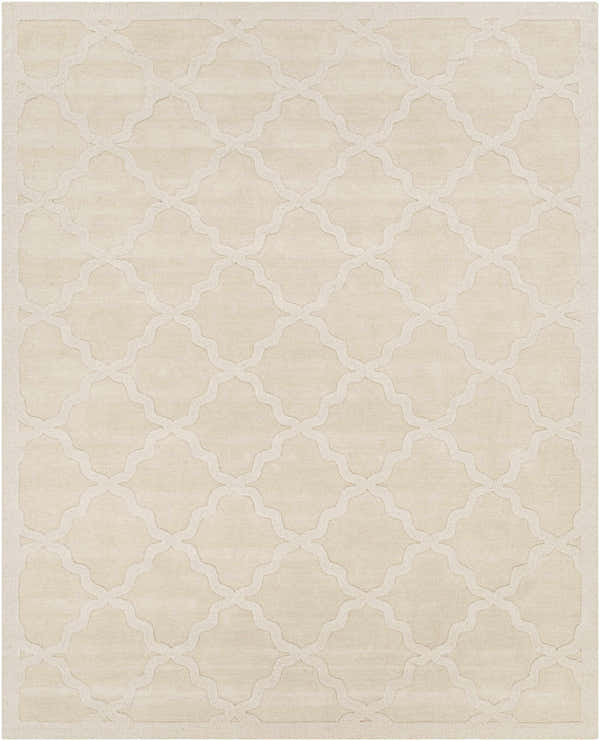 Beige Orick Hand Loomed Wool Area Rug with a subtle quatrefoil pattern and soft, textured weave. Design-Rectangle-810