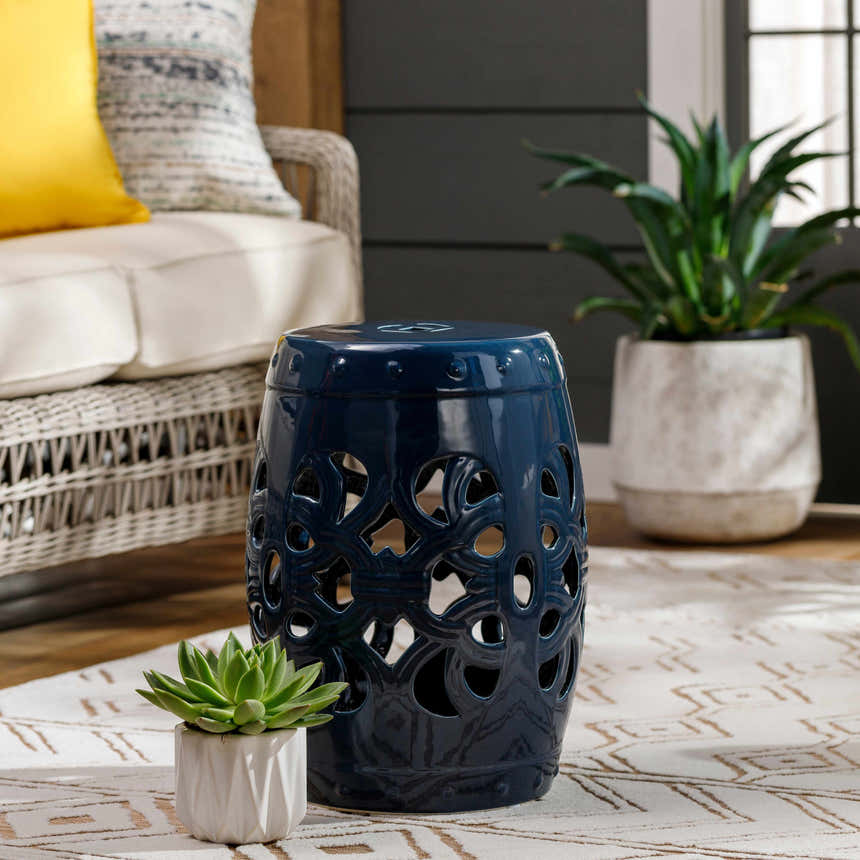 Teal Blue Lattice Ceramic Outdoor Stool