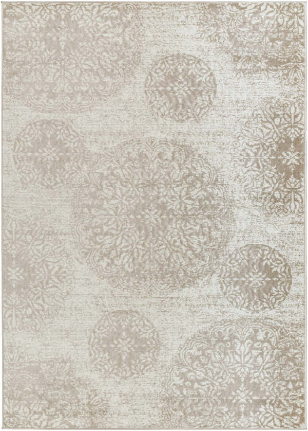Close-up of the Osman Area Rug. Machine-woven polypropylene rug in ash, light gray, and warm grey with a floral medallion pattern. Design-Rectangle-5373