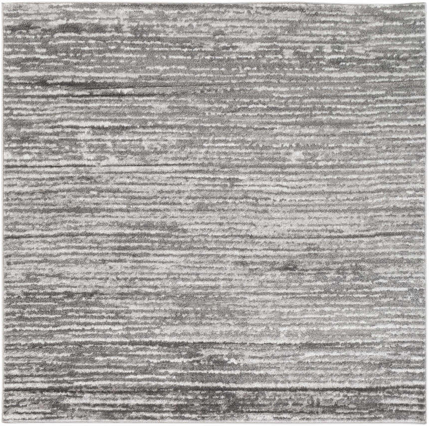 Close-up of the Oshkosh Area Rug. Contemporary design with charcoal, light gray, and white horizontal stripes. Design-Square-53