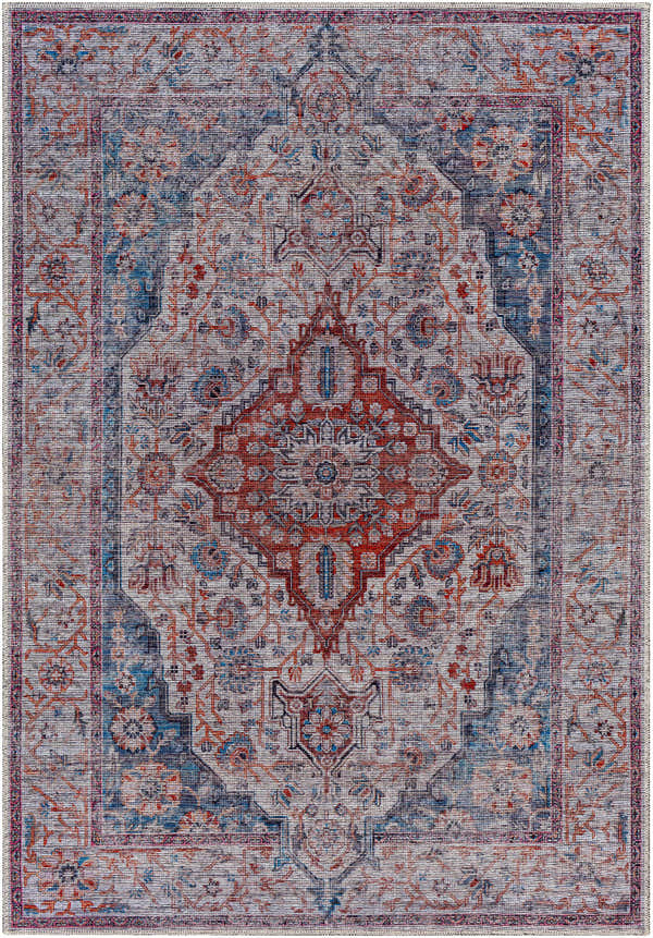 Close-up of the Osmaneli Washable Area Rug. Traditional oriental rug with dark gray, purple, brown, and natural gray colors. Design-Rectangle-5373