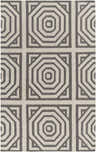 Close-up of the Otway Area Carpet, a hand-woven wool rug with a charcoal and light gray geometric pattern. Design-Rectangle-576