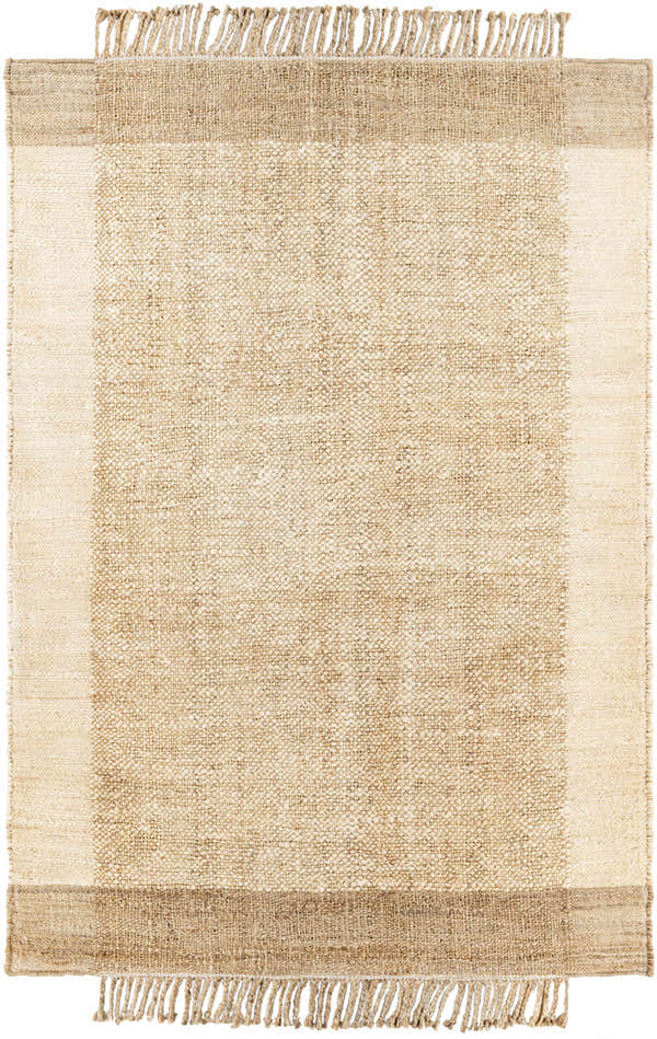 Close-up of the Outaouais Jute Rug. Hand-woven rug in light brown, natural jute, and tan with a striped pattern and fringe. Design-Rectangle-576