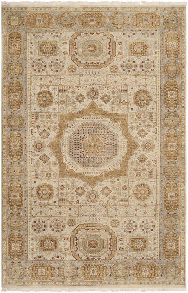 Close-up of the hand-knotted Owenton Area Rug. Traditional farmhouse style with brick red, brown, gray, and beige tones. Design-Rectangle-5686