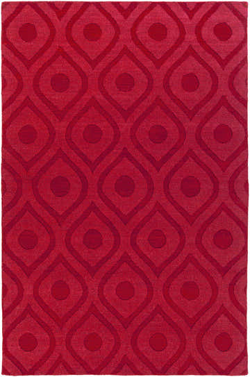Close-up of the bright red Owingsville Area Rug. Hand-loomed wool rug with a contemporary teardrop and dot pattern. Design-Rectangle-576