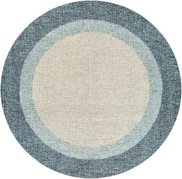 Close-up of round Padada Green Bordered Cream Wool Rug with concentric circles of cream, light blue, and navy blue. Design-Round-8