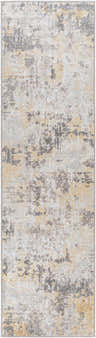 Close-up of the Pagbilao Runner rug. Contemporary style with a camel, charcoal, and gray abstract pattern. Design-Runner