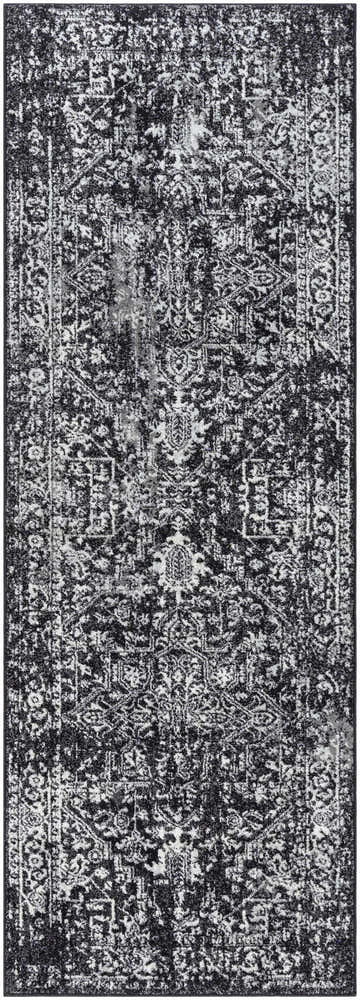 Detailed pattern of the Rachel Black Area Rug in black, charcoal, ivory, and light slate. Design-Runner-2773