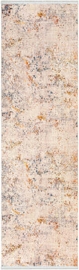 Close-up of the Palhi Area Carpet. Cream rug with brick red, dark blue, and gray contemporary design. Design-Runner-279