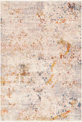 Close-up of Palhi Area Carpet. Contemporary style rug in brick red, cream, blue, beige, gray, mustard, and olive. Design-Rectangle-579