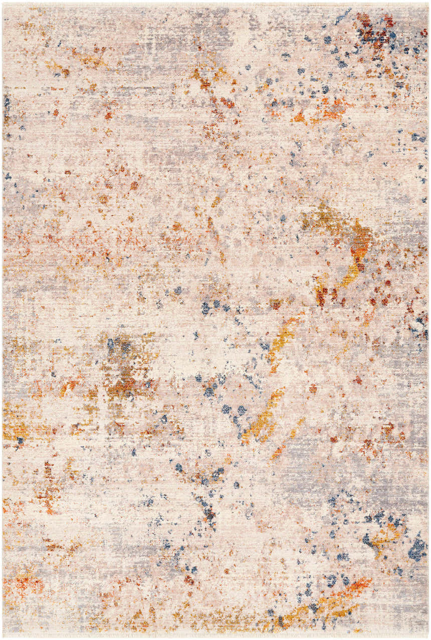 Close-up of Palhi Area Carpet. Contemporary style rug in brick red, cream, blue, beige, gray, mustard, and olive. Design-Rectangle-579