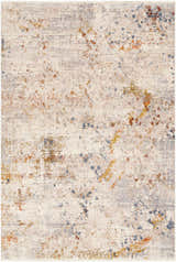 Close-up of Palhi Area Carpet. Contemporary design with brick red, cream, blue, and gray abstract pattern. 100% Polyester. Design-Rectangle-58