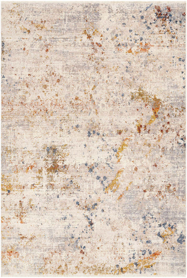 Close-up of Palhi Area Carpet. Contemporary design with brick red, cream, blue, and gray abstract pattern. 100% Polyester. Design-Rectangle-58
