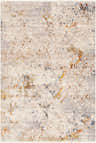 Close-up of Palhi Area Carpet. Contemporary design with brick red, cream, blue, and gray abstract pattern. 100% Polyester. Design-Rectangle-58
