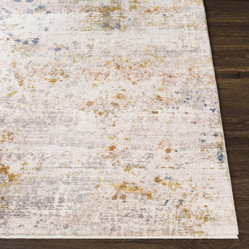Close up of Palhi Area Carpet showing cream, gray, mustard, and blue abstract pattern on a dark wood floor. Front