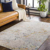 Living room scene with a Palhi Area Carpet, tan leather sofa, and dark wood floors. Contemporary style. Roomscene-Rectangle