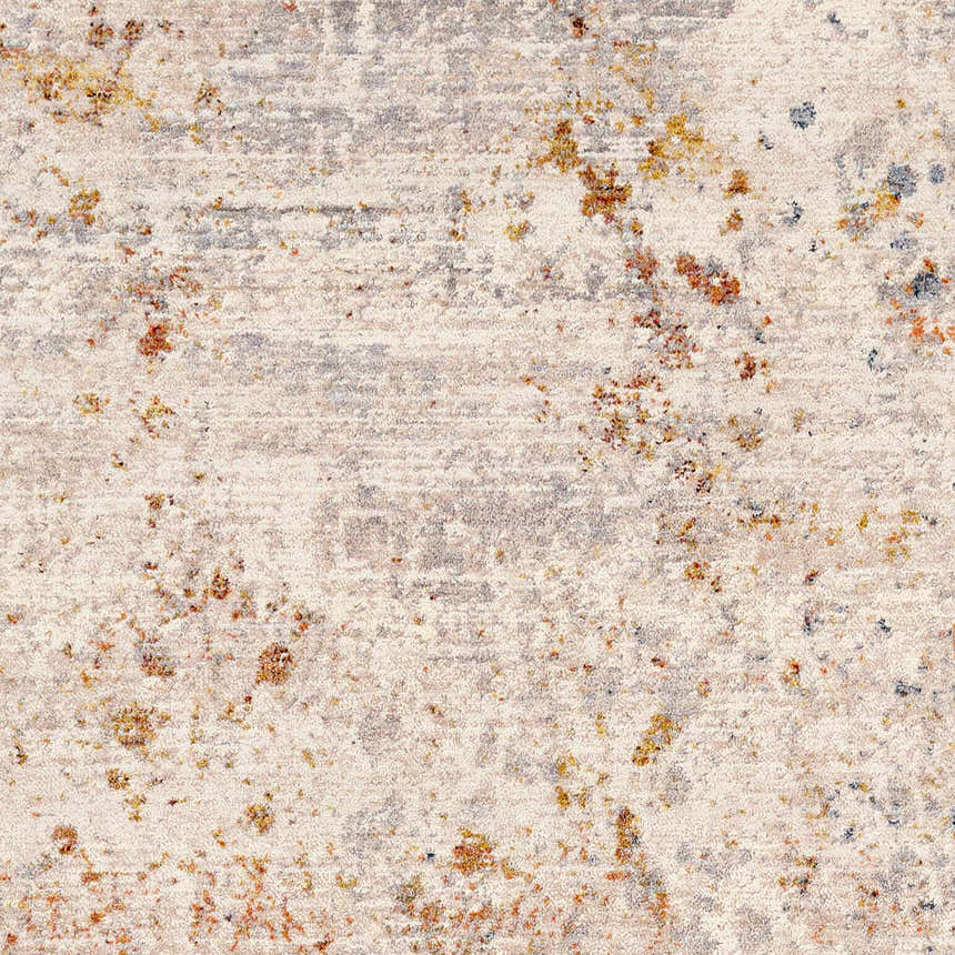 Close-up of Palhi Area Carpet - Clearance. Cream rug with brick red, mustard, and gray contemporary design. Swatch