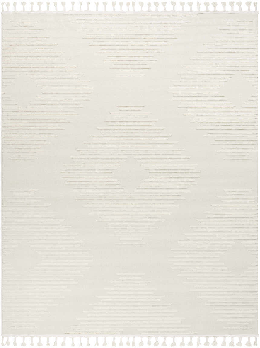 Close-up of the Palimbang Cream 3D Rug. Cream rug with geometric diamond pattern and tassels. Contemporary, farmhouse style. Design-Rectangle-71010